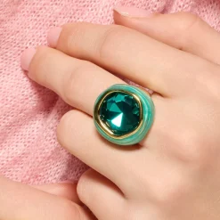 Anillo acabado oro amarillo de 18k y Cuarzo Hidrotermal Verde Paraiba - Mantis