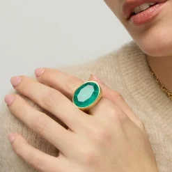 Anillo de Plata de Ley 925 y Circonita Verde acabado oro amarillo de 18k - Jadir