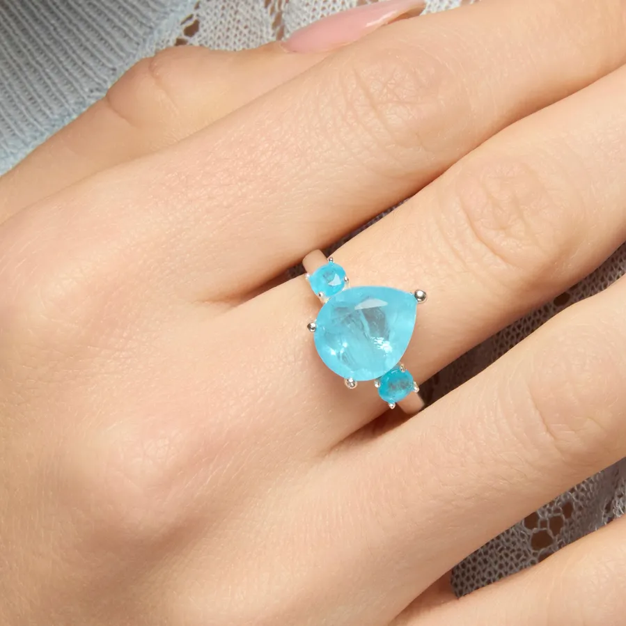 Anillo de Plata de Ley 925 y Cuarzo Hidrotermal Aguamarina acabado rodio - Larec