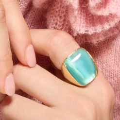 Anillo Sauri de Ojo de Gato Verde acabado oro amarillo de 18k