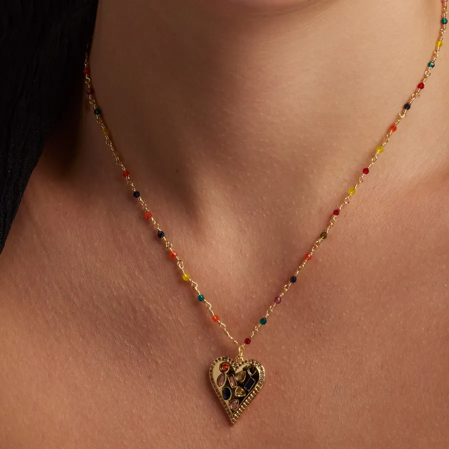 Collar de Plata de Ley 925 con Circonita Multicolor acabado en oro amarillo 18K - Hamka