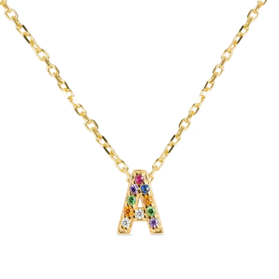 Collar de Plata de Ley 925 con Circonita Multicolor acabado en oro amarillo 18K - Alphabet