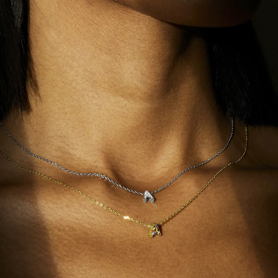Collar de Plata de Ley 925 con Circonita Multicolor acabado en oro amarillo 18K - Alphabet