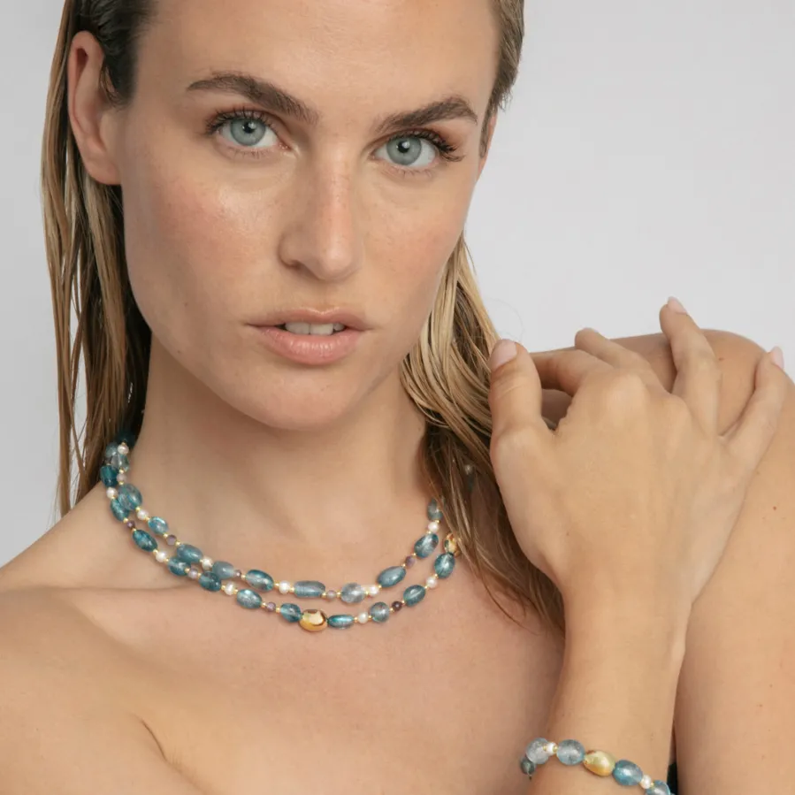 Collar de Plata de Ley 925 y Cristal Azul acabado en oro amarillo 18k - Aswudi