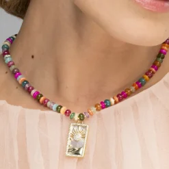Collar de Plata de Ley 925 y Agata Multicolor acabado oro amarillo de 18k - Laha