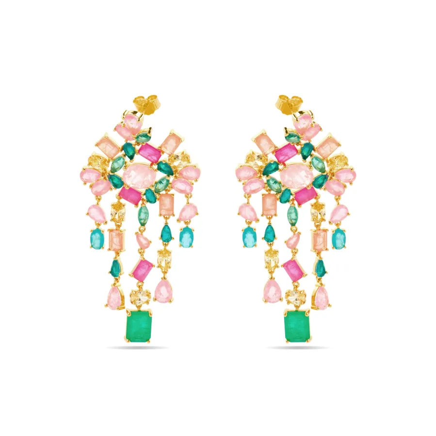 Pendientes de Plata de Ley 925 y Cuarzo Hidrotermal Multicolor acabado oro amarillo de 18k - Pangha