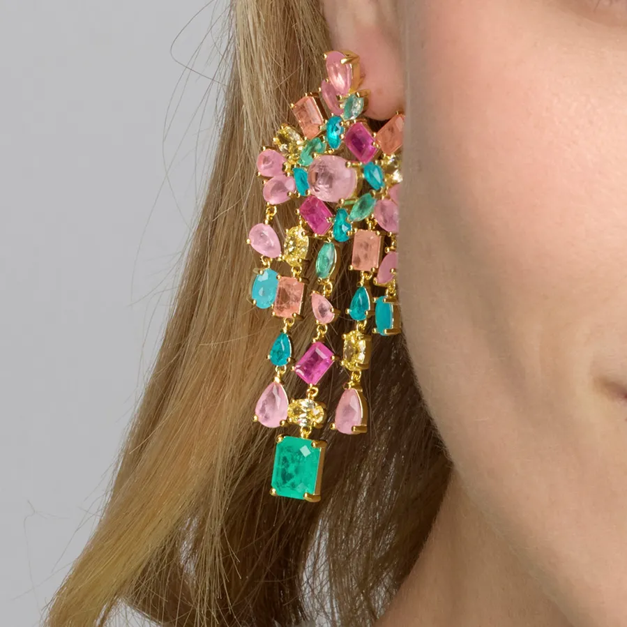 Pendientes de Plata de Ley 925 y Cuarzo Hidrotermal Multicolor acabado oro amarillo de 18k - Pangha