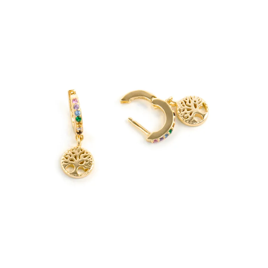 Pendientes de Plata de Ley 925 y Circonita Multicolor acabado oro amarillo de 18k - Arbol Vida