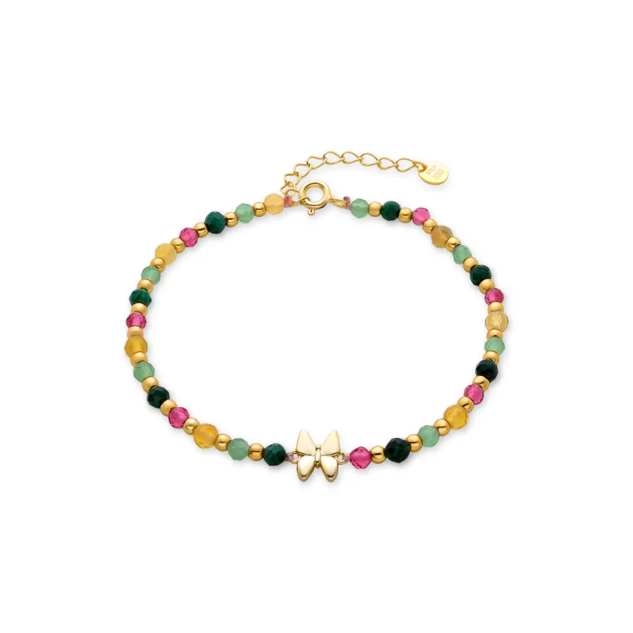Pulsera de Plata de Ley 925 con Cristal Verde acabada en oro amarillo 18K - Mariposa